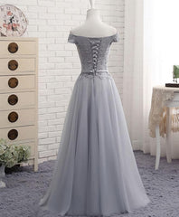 Evening Dress Dresses, Gray A Line Lace Off Shoulder Prom Dress, Lace Evening Dresses