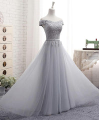 Evening Dress Yde, Gray A Line Lace Off Shoulder Prom Dress, Lace Evening Dresses