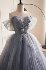 Prom Theme, Glam Blue-Grey Tulle with Lace Applique Long Party Dress, Tulle Formal Dress Evening Gown