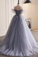 Pretty Dress, Glam Blue-Grey Tulle with Lace Applique Long Party Dress, Tulle Formal Dress Evening Gown