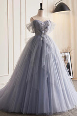 Fancy Dress, Glam Blue-Grey Tulle with Lace Applique Long Party Dress, Tulle Formal Dress Evening Gown