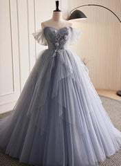Vintage Prom Dress, Glam Blue-Grey Tulle with Lace Applique Long Party Dress, Tulle Formal Dress Evening Gown