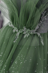 Party Dresses Night, Glam Green Layers Tulle Straps Beaded Long Party Dress, Green Long Formal Dress