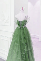 Party Dress For Night, Glam Green Layers Tulle Straps Beaded Long Party Dress, Green Long Formal Dress