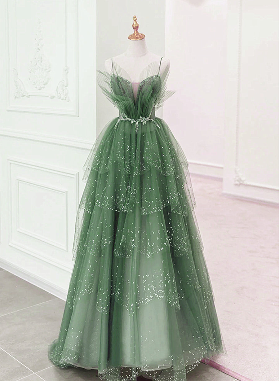 Party Dress Classy Elegant, Glam Green Layers Tulle Straps Beaded Long Party Dress, Green Long Formal Dress