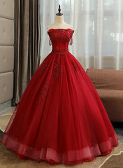 Homecoming Dress Idea, Glam Wine Red Quinceanera Dress Party Dress, Tulle Long  Embroidered with Flowers Formal Dress