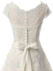 Wedsing Dresses Vintage, Glamorous Cap Sleeves Covered Button Ribbon Wedding Dresses