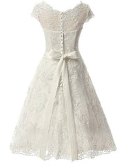 Wedsing Dress Vintage, Glamorous Cap Sleeves Covered Button Ribbon Wedding Dresses