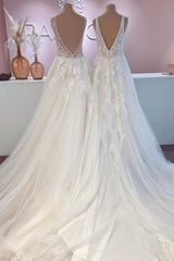 Wedding Dress Hire Near Me, Glamorous Long A-Line Open Back Tulle Appliques Lace Wedding Dress