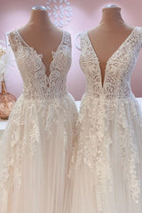 Wedding Dress With Corset, Glamorous Long A-Line Open Back Tulle Appliques Lace Wedding Dress