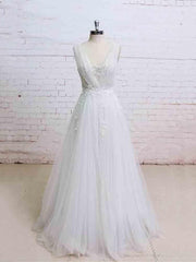 Wedding Dresses Sleeve, Glamorous Long A-line V-Neck Backless Tulle Wedding Dresses