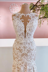Wedding Dresses Beach, Glamorous Long Mermaid Bateau Appliques Lace Tulle Wedding Dress