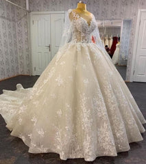 Wedding Dress Inspired, Glamorous Long Sleevess Lace A line Bridal Gown Pirncess Wedding Dress