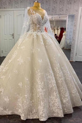 Wedding Dresses Inspiration, Glamorous Long Sleevess Lace A line Bridal Gown Pirncess Wedding Dress