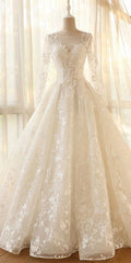 Wedding Dresses For, Glamour Modest Jewel Neck Modest Long Sleeve A Line Wedding Dress