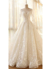 Wedding Dress With Straps, Glamour Modest Jewel Neck Modest Long Sleeve A Line Wedding Dress