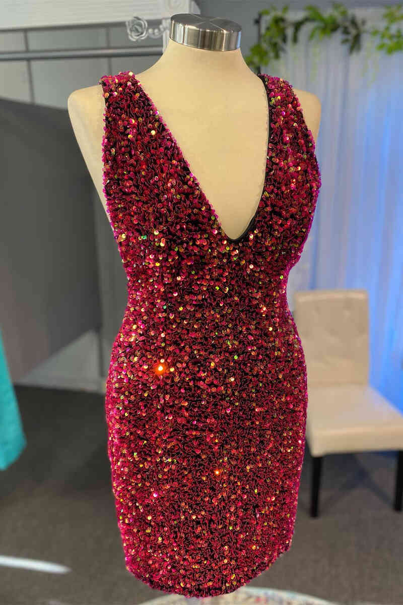 Homecoming Dresses 26 Year Old, Glitter Burgundy V-Neck Sequined Bodycon Homecoming Dress,graduation dresses