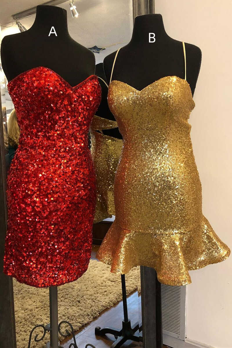 Homecomeing Dresses Red, Glitter Gold Sequins Sweetheart Mini Homecoming Dress