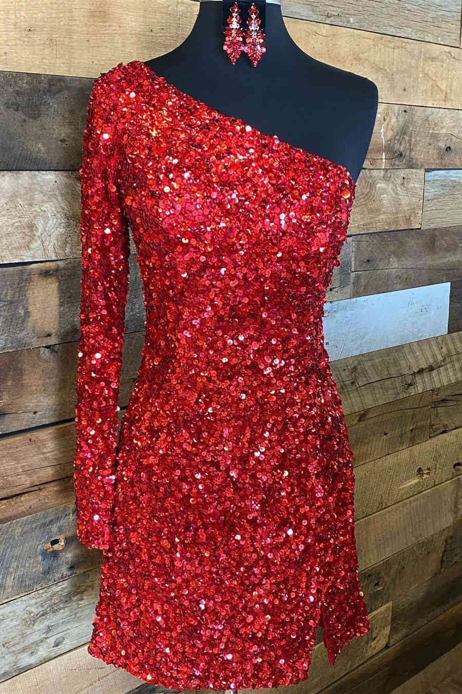 Homecoming Dresses Websites, Glitter One Sleeve Red Sequined Homecoming Dress,Stunning Cocktail Dresses Short Formal