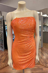 Bridesmaids Dresses Mismatched, Glitter Orange Strapless Sequined Mini Homecoming Dress