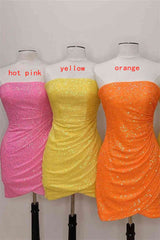 Bridesmaid Dresses Mismatching, Glitter Orange Strapless Sequined Mini Homecoming Dress