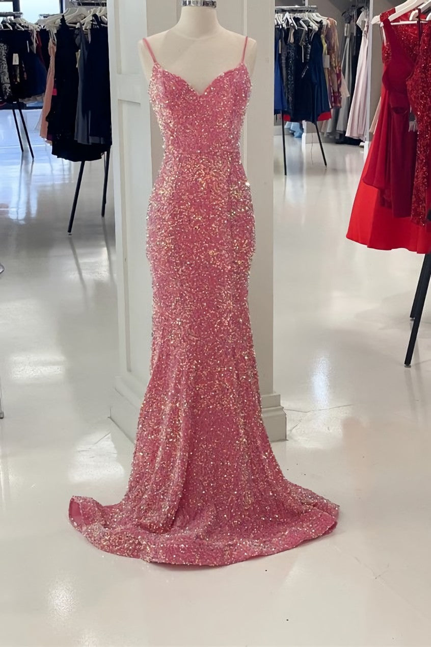 Party Dress Shops, Glitter Pink Sequin Mermaid Long Formal Dress