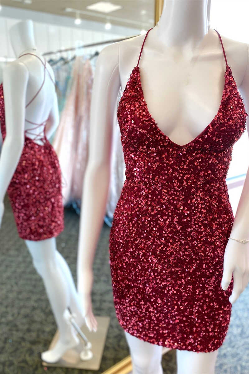 Homecoming Dress Boutiques, Glitter Red Sequin V Neck Short Homecoming Dresses Prom Dress