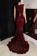 Bridesmaid Dress Burgundy, Glittery Long Red Mermaid Sleeveless Prom Dresses Sequin