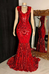 Bridesmaids Dresses Short, Glittery Long Red Mermaid Sleeveless Prom Dresses Sequin
