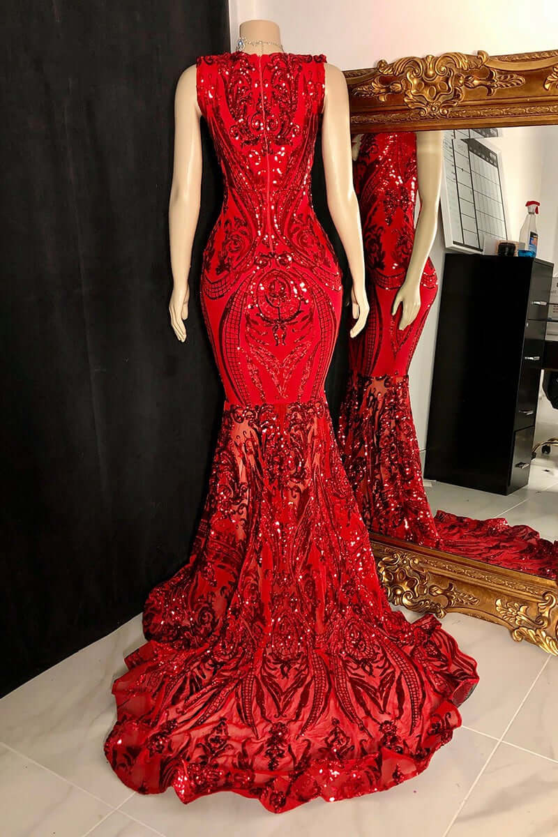 Bridesmaids Dresses Burgundy, Glittery Long Red Mermaid Sleeveless Prom Dresses Sequin