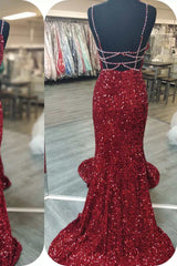 Bridesmaid Dress Tulle, Glittery Mermaid Red Sequin V-Neck Lace-Up Back Prom Dress Gala Gown