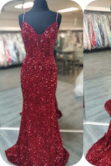 Bridesmaid Dresses Tulle, Glittery Mermaid Red Sequin V-Neck Lace-Up Back Prom Dress Gala Gown