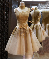 Evening Dresses Ball Gown, Gold Lace High Neck Short Prom Dress, Homecoming Dress