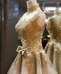 Evening Dresses Vintage, Gold Lace High Neck Short Prom Dress, Homecoming Dress
