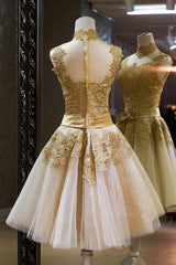 Evening Dress Fitted, Gold Lace High Neck Short Prom Dress, Homecoming Dress