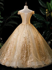 Bridesmaid Dresses Mismatching, Gold Ball Gown Tulle with Lace Applique Formal Dress, Gold Sweet 16 Dress
