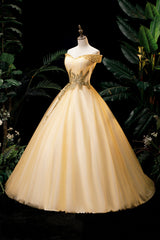 Prom Dress Shiny, Gold Floor Length Tulle Beading Formal Dress, Lovely Off the Shoulder Evening Party Dress