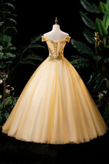 Prom Dress Mermaid, Gold Floor Length Tulle Beading Formal Dress, Lovely Off the Shoulder Evening Party Dress