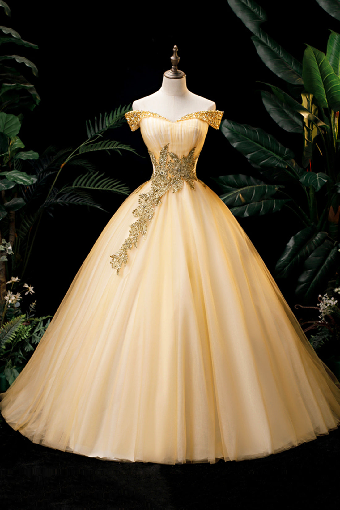 Prom Dresses Shiny, Gold Floor Length Tulle Beading Formal Dress, Lovely Off the Shoulder Evening Party Dress