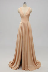 Prom Dress With Long Sleeves, Gold Long Bridesmaid Dress with Slit