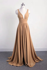 Prom Dresses With Long Sleeves, Gold Long Bridesmaid Dress with Slit