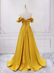 Formal Dresses Short, Gold Satin A-line Sweetheart Long Junior Prom Dress, Floor Length Satin Evening Dress