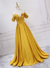 Formal Dresses Cheap, Gold Satin A-line Sweetheart Long Junior Prom Dress, Floor Length Satin Evening Dress