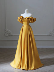 Bridesmaid Dresses Colors, Gold Satin Long Prom Dress, Off Shoulder A-Line Formal Evening Dresses