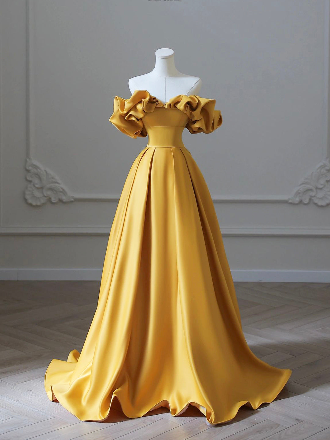 Bridesmaid Dress Colorful, Gold Satin Long Prom Dress, Off Shoulder A-Line Formal Evening Dresses