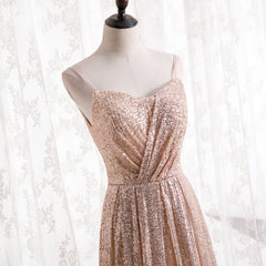 Wedding Flower, Gold Sequins Sweetheart Simple Spaghetti Straps Long Party Dress, Sequins Prom Dress Bridesmaid Dress