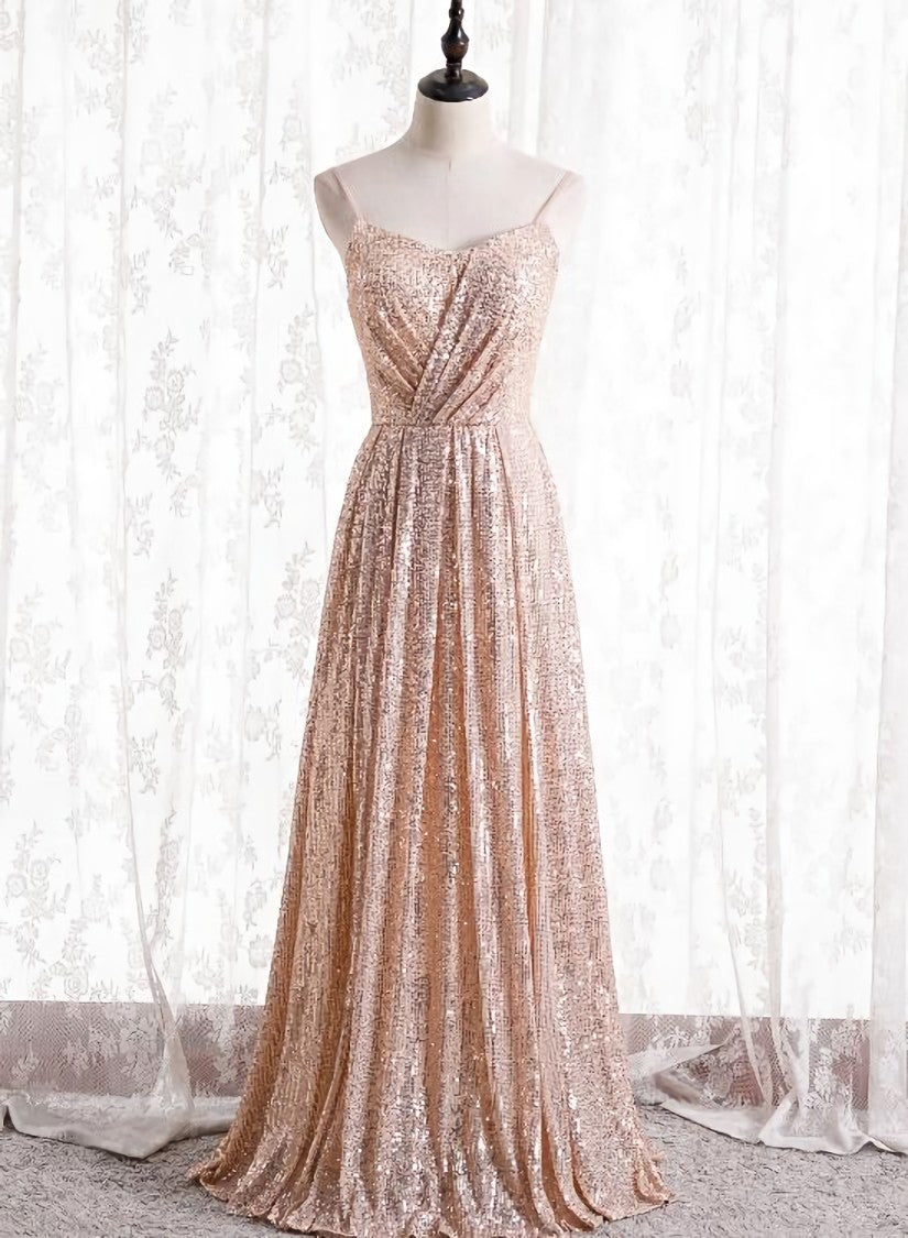 Winter Formal Dress, Gold Sequins Sweetheart Simple Spaghetti Straps Long Party Dress, Sequins Prom Dress Bridesmaid Dress