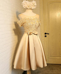 Bridesmaid Dress Colors, Golden Satin Lace Off Shoulder Short Homecoming Dresses, Knee Length Party Dresses