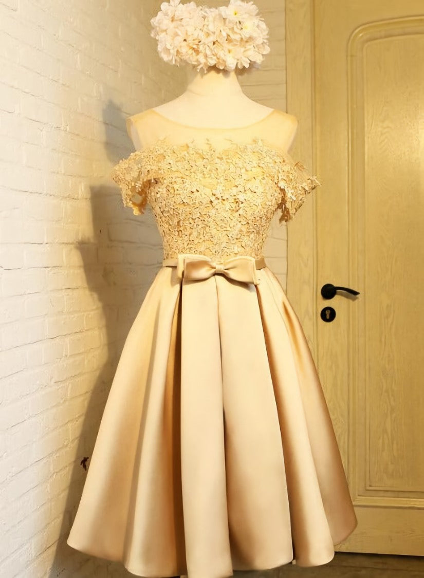 Bridesmaid Dresses Elegant, Golden Satin Lace Off Shoulder Short Homecoming Dresses, Knee Length Party Dresses