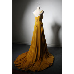 Bridesmaid Dress Spring, Goleden V-neckline Straps Long Party Dress with Leg Slit, Long Gold Evening Dress Prom Dress